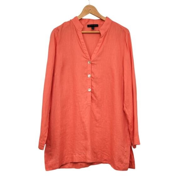 Saks Fifth Avenue Tunic Top Women's Large Coral 100% Linen Long Sleeve Popover - Picture 1 of 10